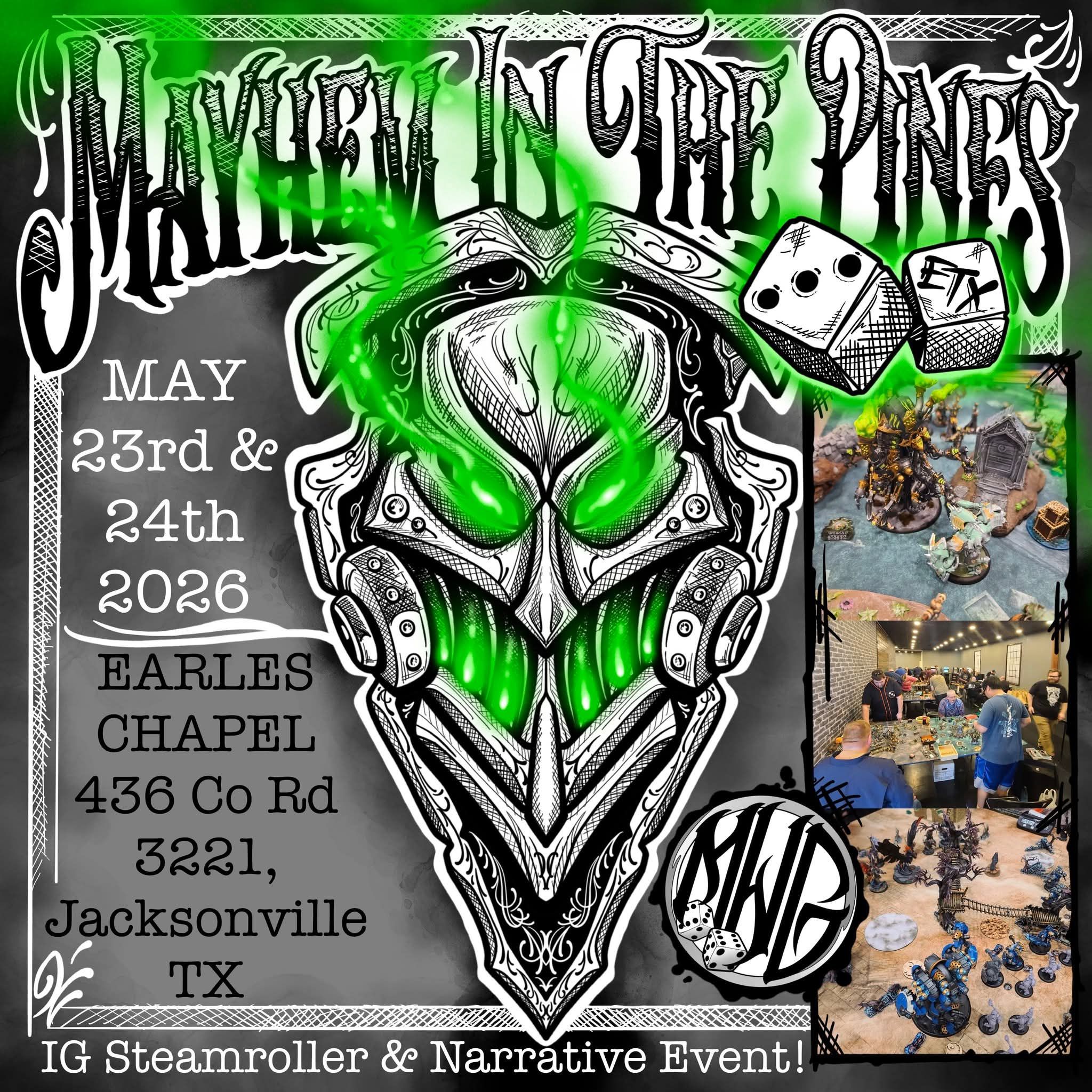 Mayhem in the Pines event flyer, May 23-24, 2026, Earles Chapel, Jacksonville TX