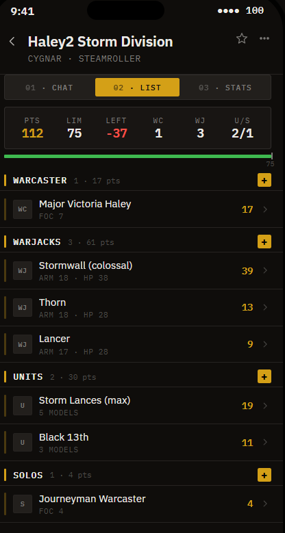 Warmachine, Haley2 Storm Division list