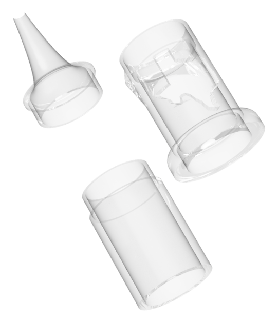 Modular tattoo needle cartridge, exploded view showing cone, ink well, and body